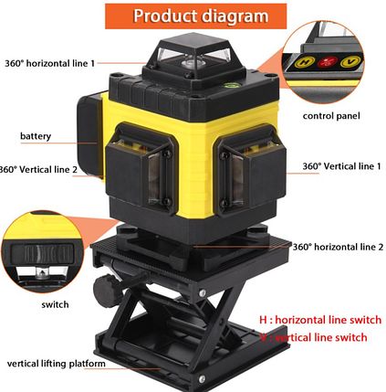Лазерний 4D 16-лінійний зелений рівень, що самовирівнюється інструмент для вимірювання перетину ліній на 360° у валізі, фото 2