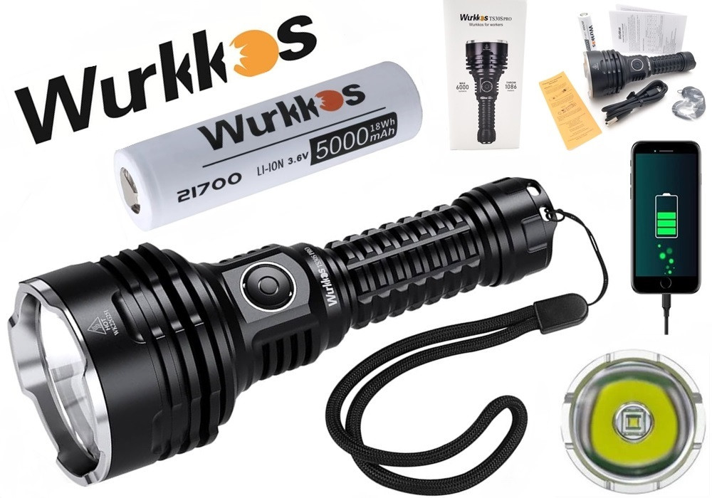 WURKKOS TS30S PRO потужний далекобійний ліхтар (6000LM, 1086 метрів, SBT90.2 led, АКБ 5000mAh 21700, Type-C)