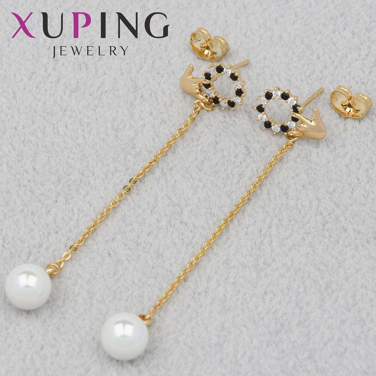 Серьги женские золотистого цвета Xuping Jewelry гвоздики пуссеты с стразами и жемчужинами диаметр 9 мм