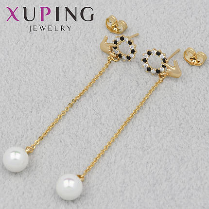 Серьги женские золотистого цвета Xuping Jewelry гвоздики пуссеты с стразами и жемчужинами диаметр 9 мм, фото 1