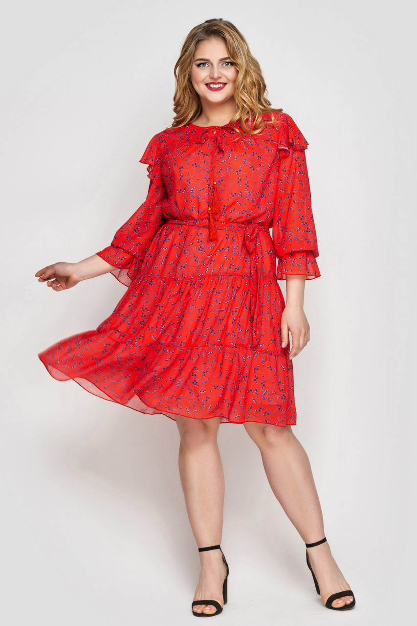 Жіноча сукня батал великі розміри 50-58 до коліна шифонова яскрава корал