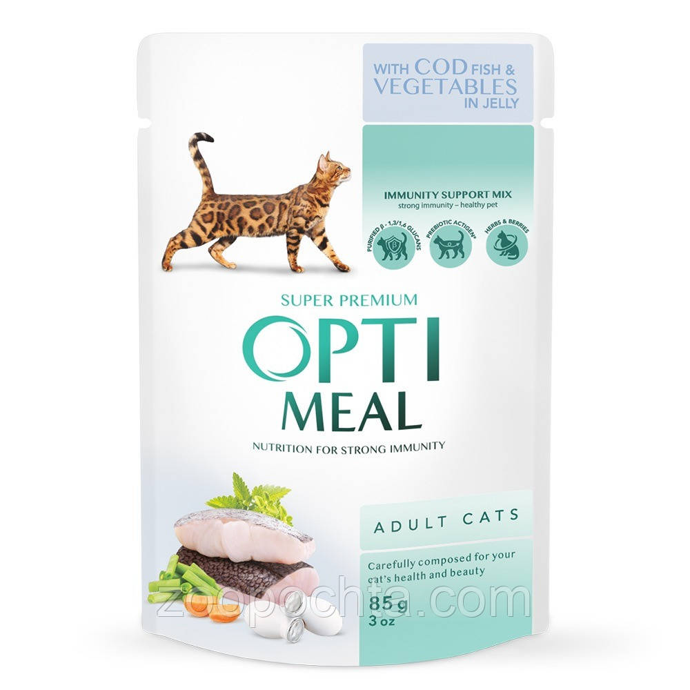 Optimeal вологий корм для котів із тріскою, овочами в желе, 85 гр х 12 шт