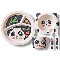 Детская бамбуковая посуда для кормления с чашкой "Панда" 5 предметов, цвет белый.