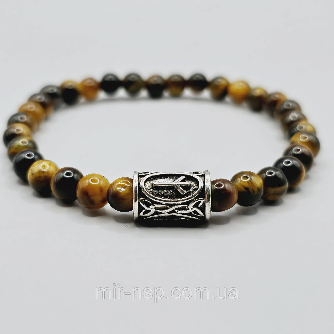 Браслет 100% натуральне тигрове око 6 мм і руна Альгіз, фото 1