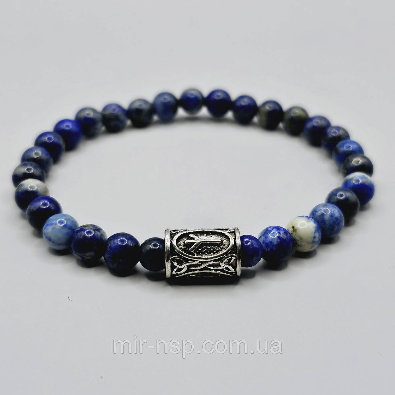 Браслет 100% натуральный лазурит 6 мм и руна Альгиз, фото 1
