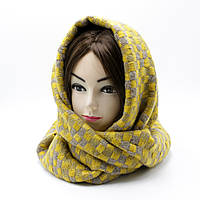 Женский шарф желтый на осень, зимний шарф длинный с бахромой, шарф желтый с узором шахматка на зиму/осень