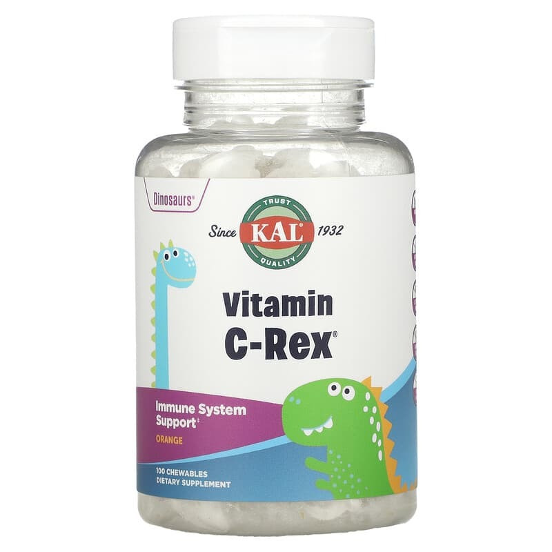 Вітамін С для дітей KAL Dinosaurs "Vitamin C-Rex" смак апельсину, 100 мг (100 жувальних таблеток), фото 1