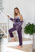 Домашній костюм (майка, штани, халат) Christel 109 піжама оксамитова з мереживом бузковий розмір М