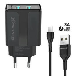 Зарядний пристрій Grand-X CH-15T 5V 2,1 A USB Black + cable USB —> Type C, Cu, 4A, TPE (CH-15T)