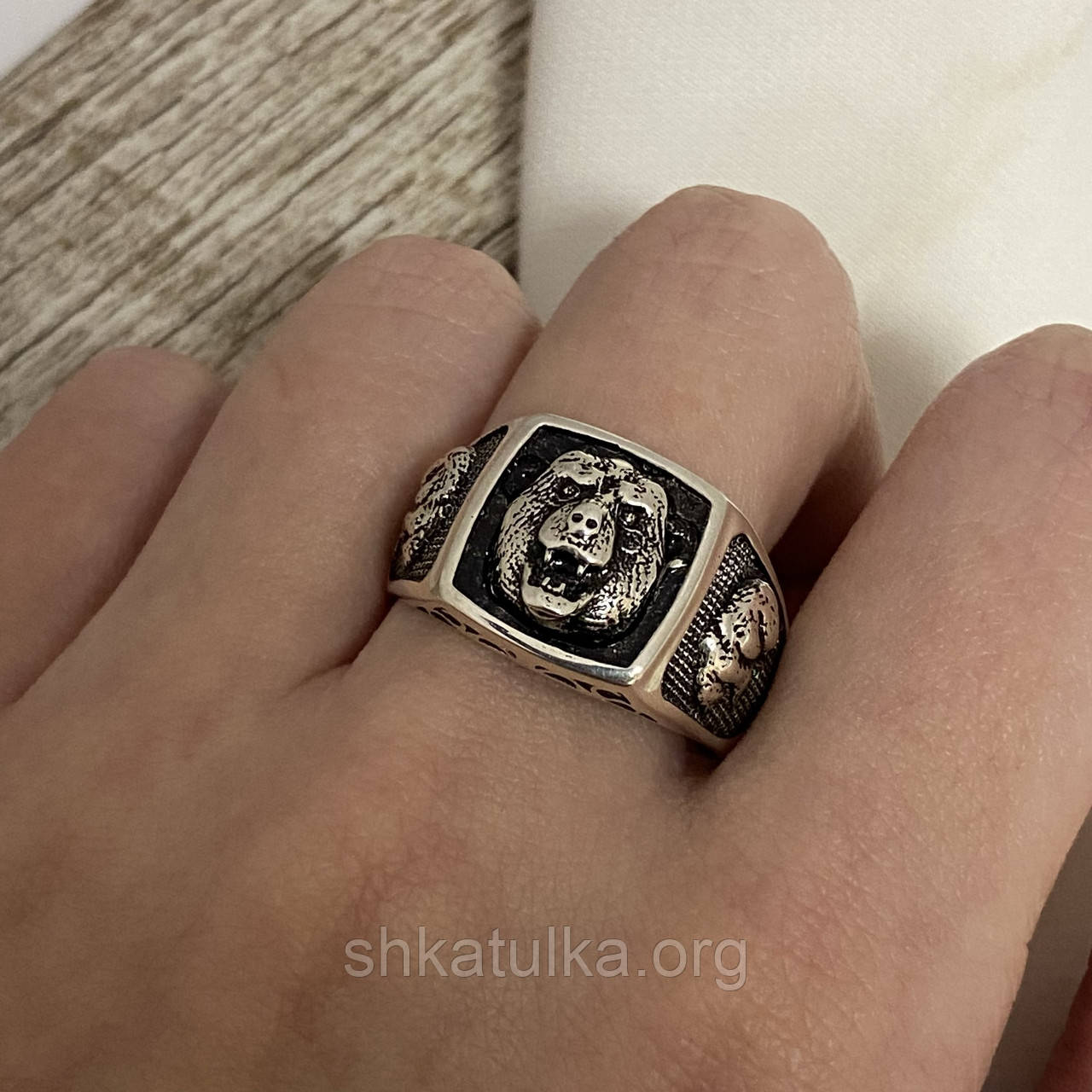 Срібна печатка ведмідь срібна з чорнінням чоловіча, фото 1