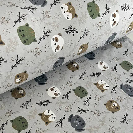 Дитяча сіра тканина 240 см для постільної білизни Фланель (байка) з малюнком лісові звірята, рулон 25 м, фото 1