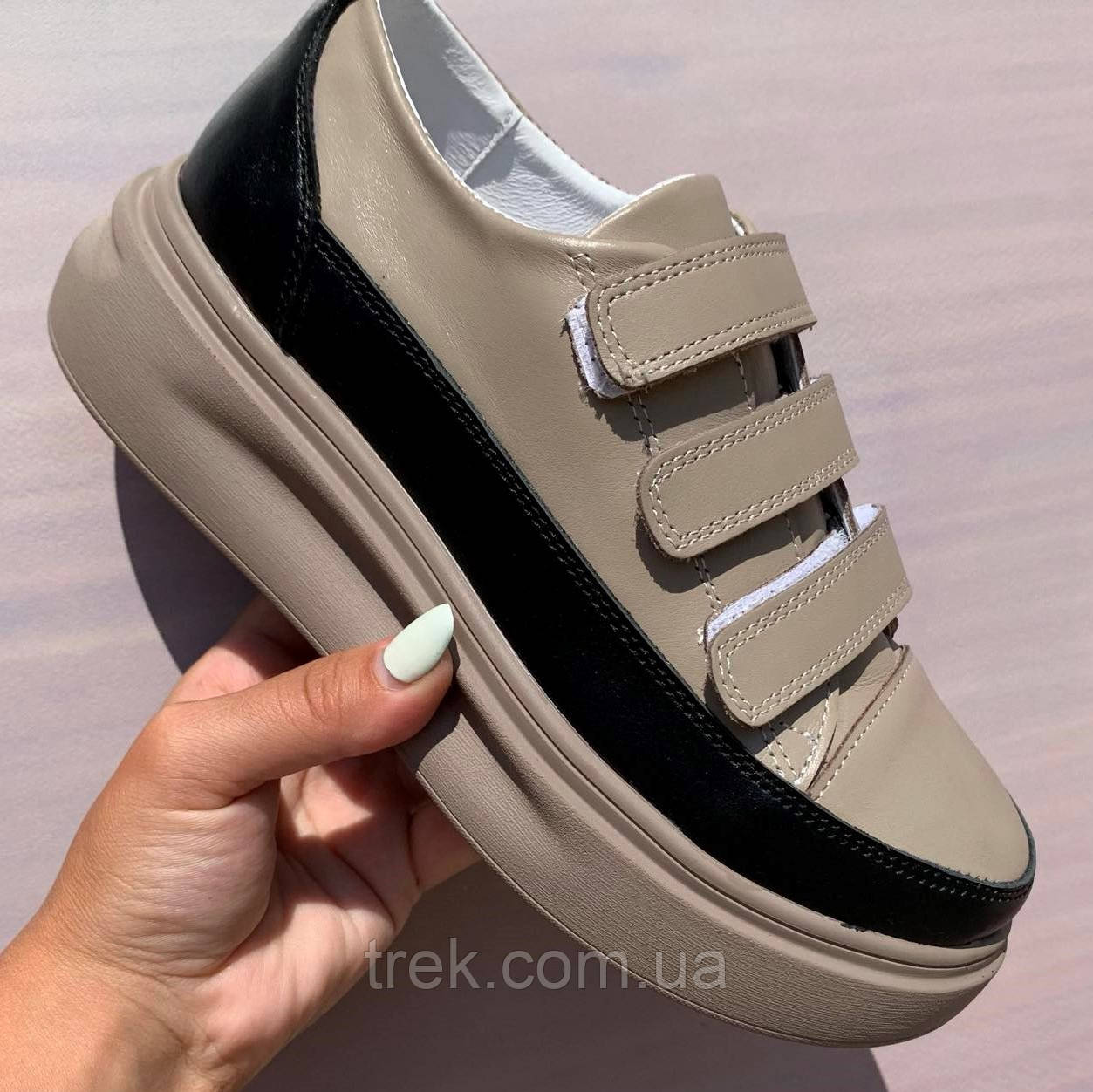 Кросівки жіночі шкіряні беж-чорн /23187/ 36р, фото 1