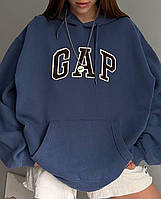 Женский базовый худи оверсайз с надписью GAP батник трехнить на флисе свитшот с капюшоном толстовка OS 48/50, Джинс