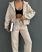 Женский теплый прогулочный модный костюм кофта на змейке и штаны спортивный костюм трехнитка на флисе OS 42/44, Бежевый