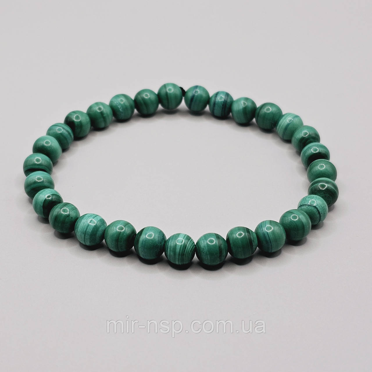 Браслет 100% натуральний малахіт (не прес) 6 мм вага 13г розмір 17, фото 1