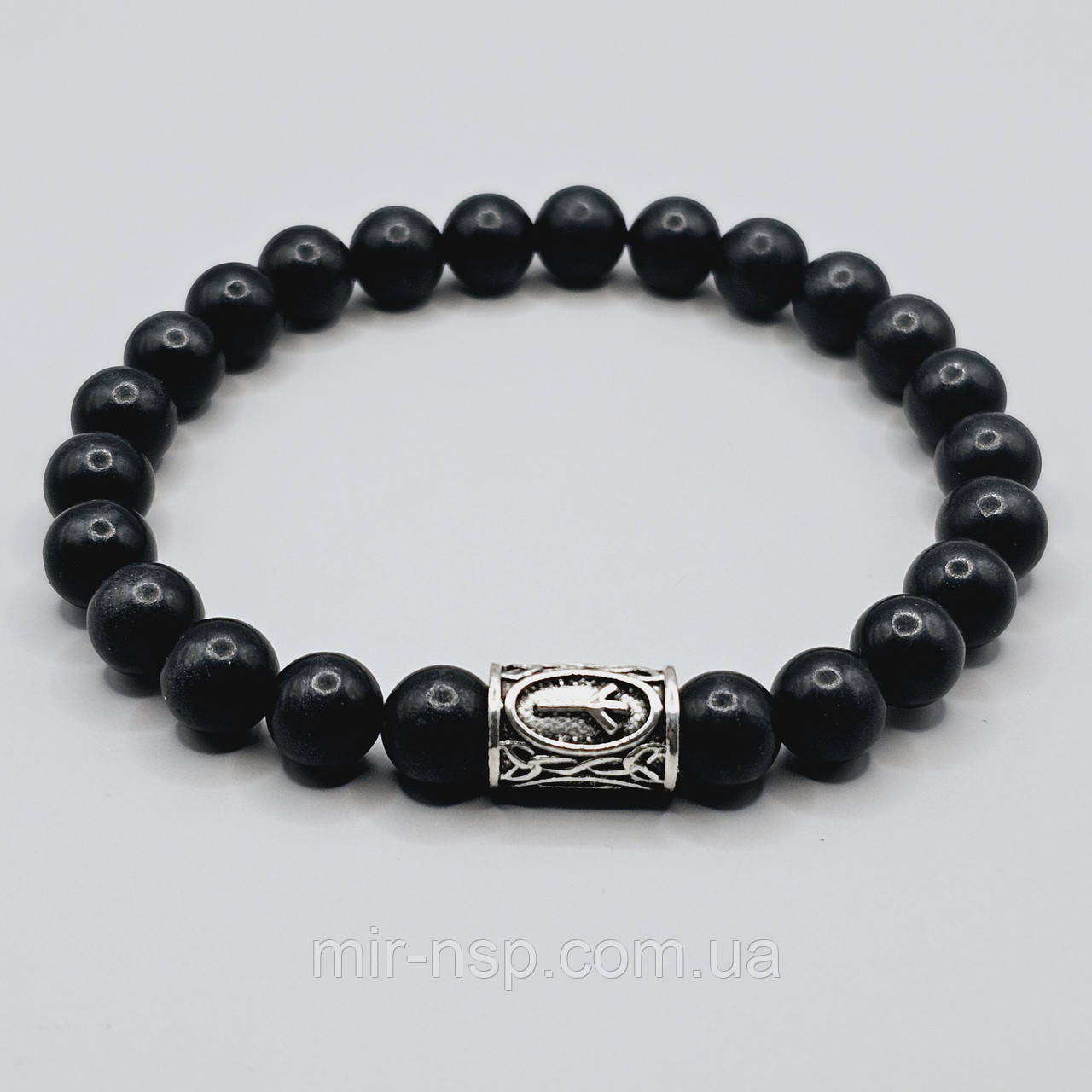 Браслет чоловічий 100% натуральний шунгіт 8 мм та руна Альгіз, фото 1