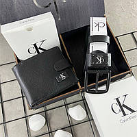 Подарочный мужской набор ремень и кошелек из натуральной кожи Calvin Klein Jeans в деревянной коробочке