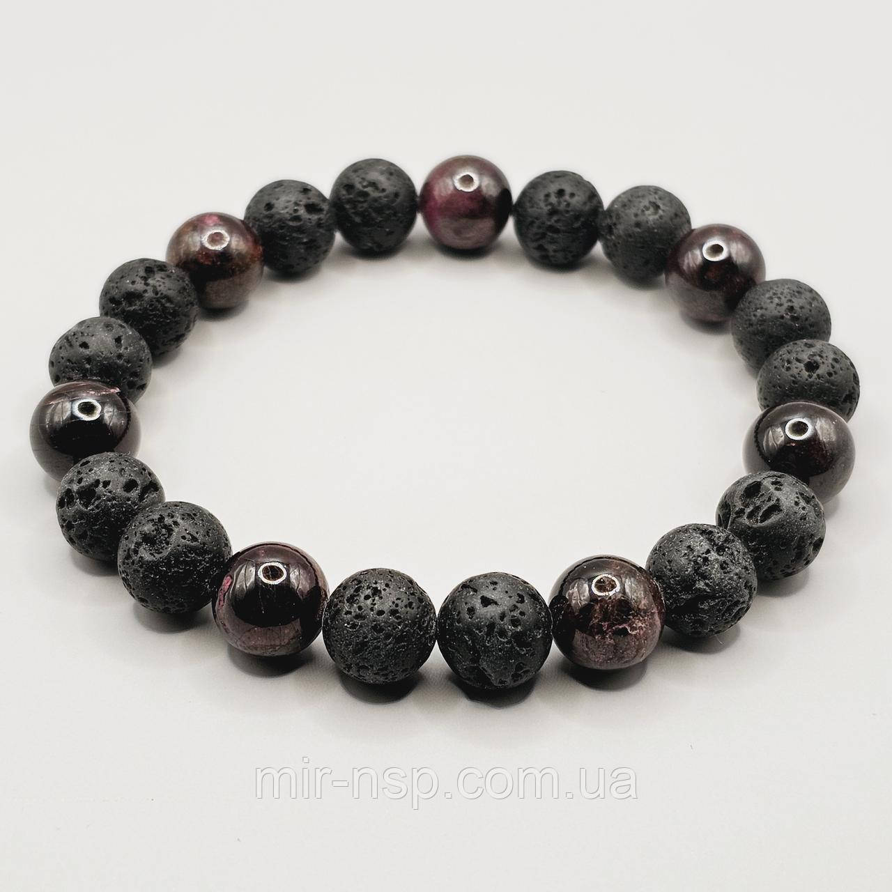 Браслет чоловічий 100% натуральні лава та гранат 10 мм розмір 21, фото 1