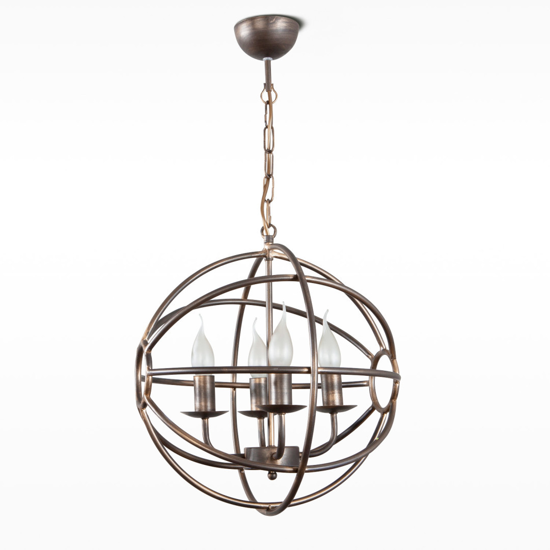 Підвісна люстра сірокоричнева на ланцюгу металева на 4 лампи-свічки Е14 із золотою патиною 40х75 см