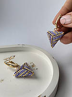 Золотые с фиолетовым объемные сережки из японского бисера Miyuki delica
