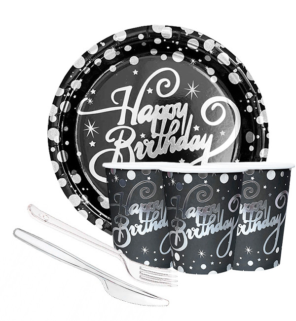 Набір одноразового посуду "Happy Birthday", (на 10 персон), колір - чорний зі сріблом