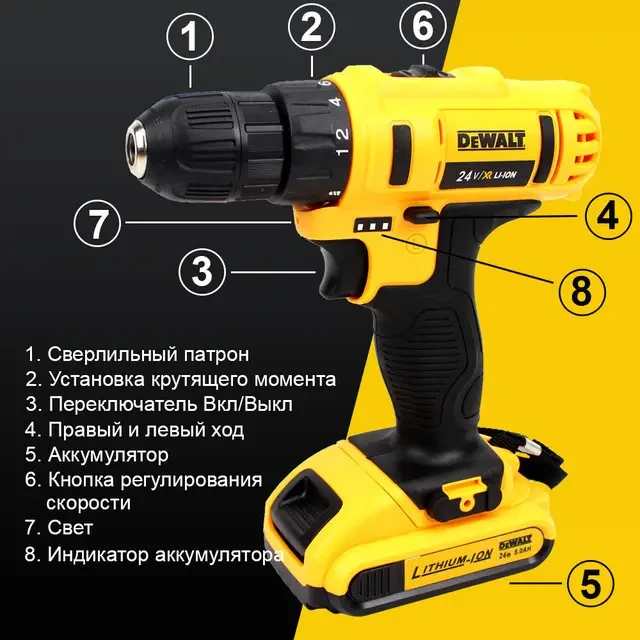 Аккумуляторная дрель-шуруповерт Деволт Набор шуруповерт DeWALT Надежный шуруповерт 24V/5A с инструментами топ - фото 8 - id-p2084334627