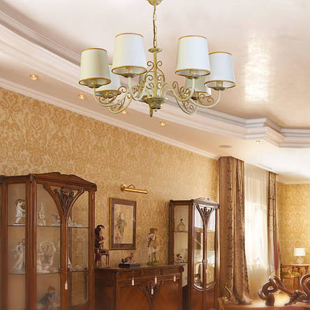 Підвісна люстра на ланцюгу з тканинними абажурами на 7 ламп E14 крем/золото 75x65 см, фото 2