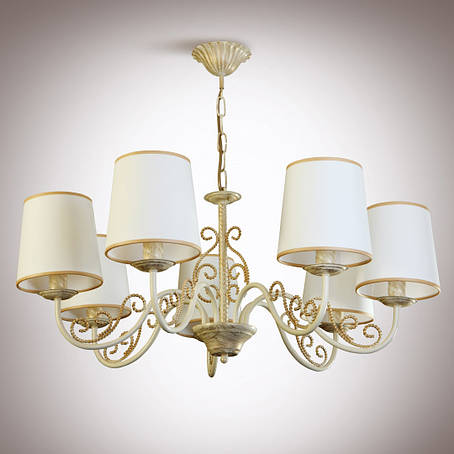 Підвісна люстра на ланцюгу з тканинними абажурами на 7 ламп E14 крем/золото 75x65 см, фото 1