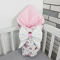 Одеяльце-конверт со съемным утеплителем - 100х80см с бантом для выписки - Зайки с игрушками с розовым плюшем