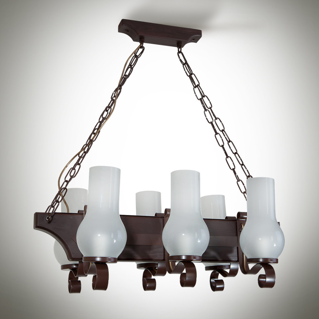 Люстра на ланцюгу металева з деревом коричнева на 6 скляних плафонів Е14 36х70 см