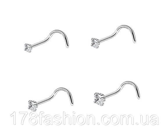 Набір з 4-х пірсингів у ніс із камінням різного розміру під срібло, фото 1