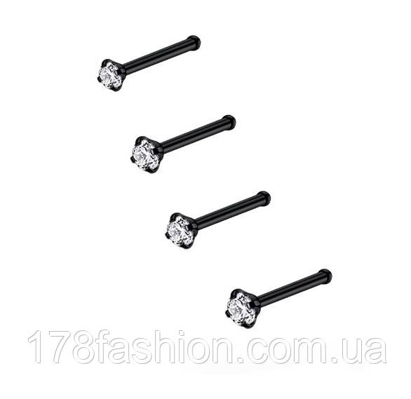 Набір з 4-х пірсингів у ніс гвоздики з камінням різного розміру чорного кольору, фото 1