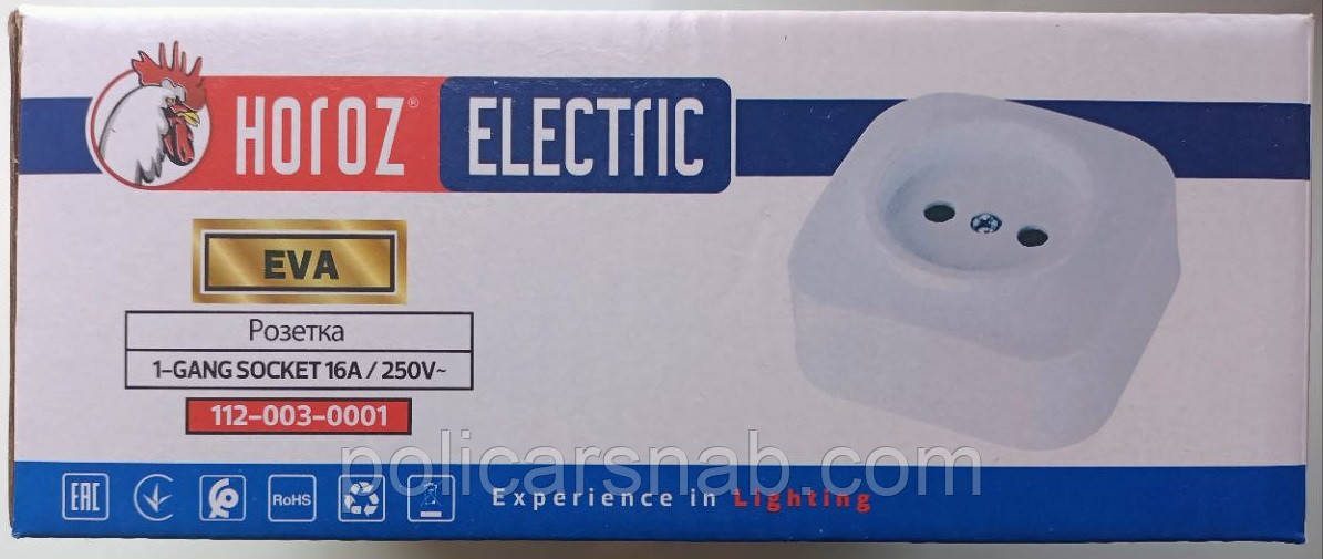 Розетка электрическая одинарная накладная EVA белая без заземления Horoz арт.112.003.0001 - фото 3 - id-p2084381817