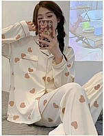 Комплект для дома пижама женская на пуговицах с штанами в рубашечном стиле No brand Персиковый сердечки