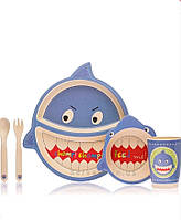 Детская бамбуковая посуда для кормления "Акула" 5 предметов, цвет синий.