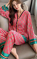 Комплект для дому піжама жіноча на ґудзиках із штанами в сорочковому стилі No brand Персиковий сердечка
