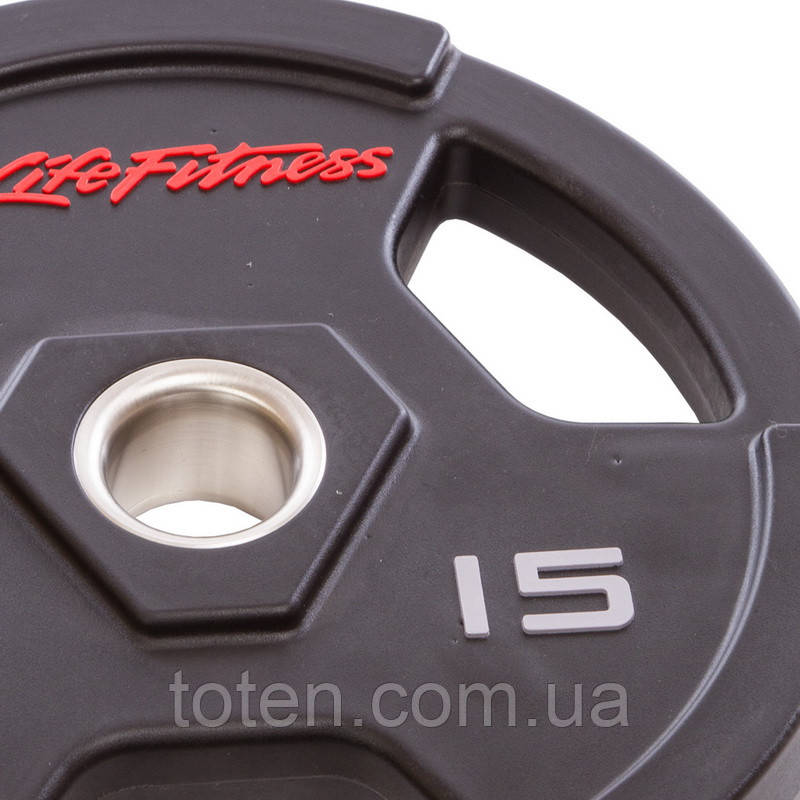 Диски для штанги поліуретанові LIFE FITNESS GC-80154-15 51мм 15кг чорний топ, фото 1