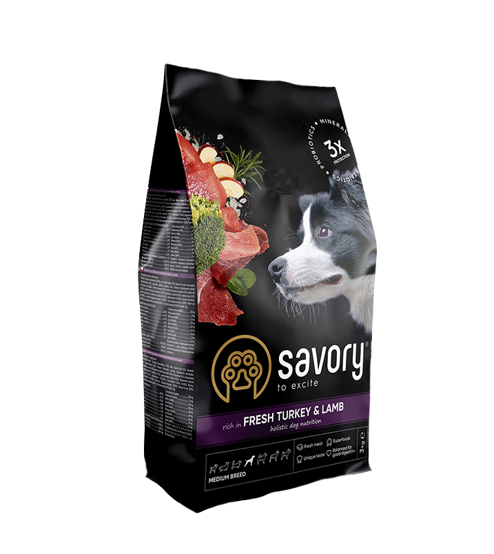 Сухий корм Savory для собак середніх порід  зі свіжим м’ясом індички і ягняти. Упаковка 3 кг