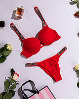Комплект женсого нижнкего белья Victoria's Secret Rhinestone Red с Push-up набор белья Виктория Сикрет Красный