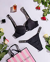 Комплект женского нижнего белья Victoria's Secret Rhinestone с Push-up набор белья Виктория Сикрет черный