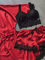 Жіночий сексуальний шовковий червоний набір халат, шорти і мереживний топ