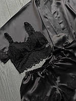 Жіночий сексуальний шовковий чорний набір халат, шорти і мереживний топ