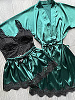 Женский сексуальный шелковый зеленый комплект халат, шорты и кружевной топ