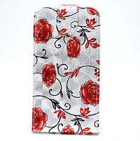 Чехол-флип универсальный CMA Flip Cover Big Flowers 5.5"(XXL) Silver-Red