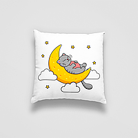 Подушка декоративна з дитячим оригінальним принтом "Спляче сіре кошеня на місяці. Sleeping cat" Push IT