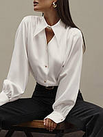 Женская стильная шелковая блузка со вшитым воротником-чокером Блузка, 42/46, Белый