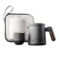 Дорожный чайный набор Lesko заварник + 4 пиал с чехлом 350 ml Black керамический для пуэра 20шт