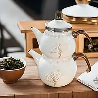 Подвійний емальований чайник Symbol Tree  кремовий/золота емаль з візерунком дерево для турецького чаю