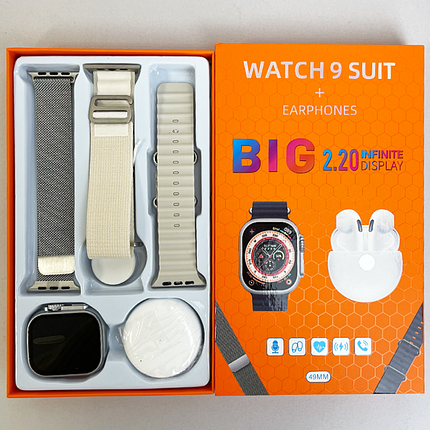 Розумний смарт годинник з бездротовими навушниками BIG 2.20 WATCH 9 + PRO 6 bluetooth з пульсометром Білий, фото 1