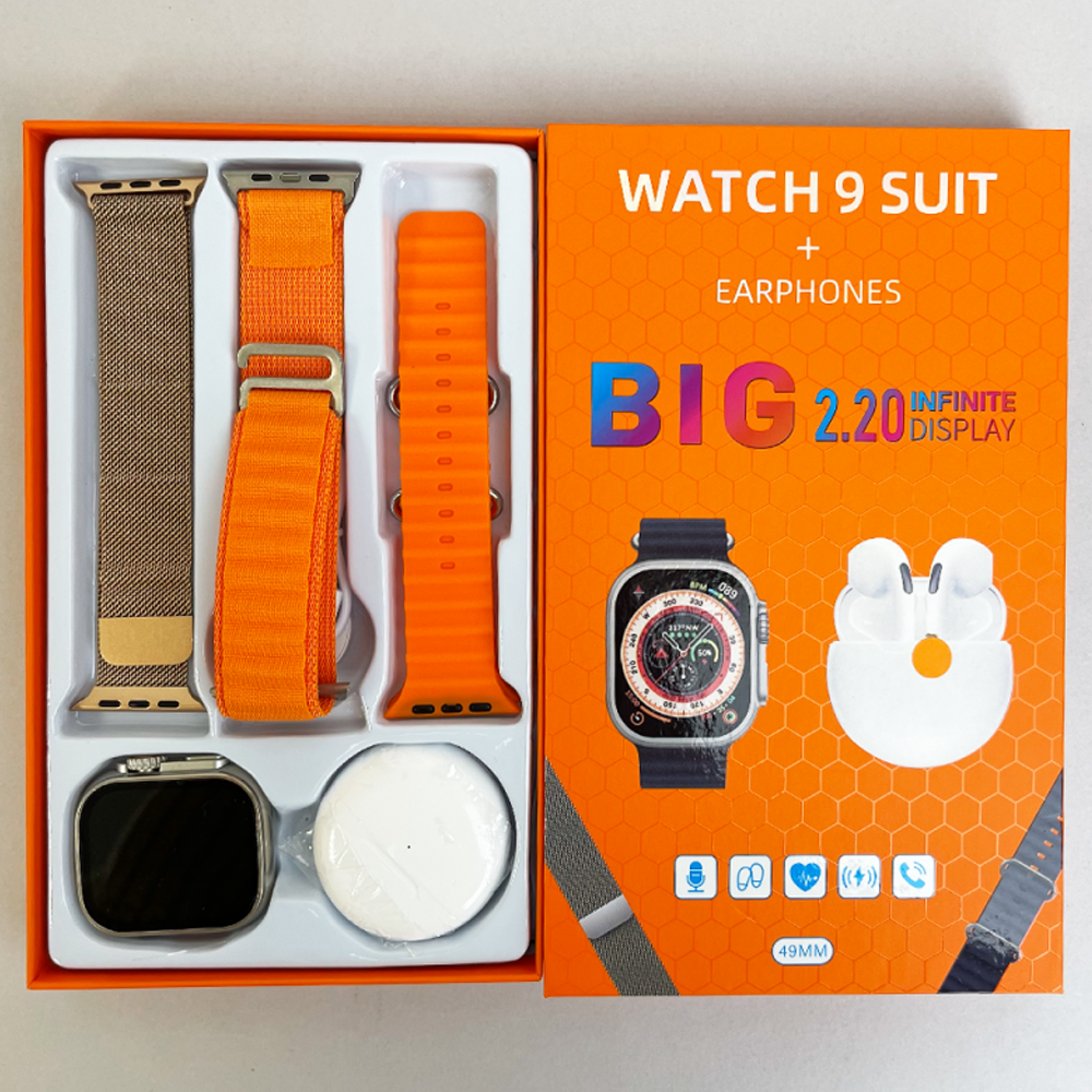 Розумний смарт годинник з бездротовими навушниками BIG 2.20 WATCH 9 + PRO 6 bluetooth з пульсометром Помаранчевий